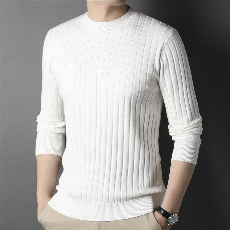 

Autumn Winter New Men Round Neck Sweater Solid Vertical Stripes Casual Korean Fashion Slim Long Sleeve Bottoming Knitted Pullovers 6XL білий