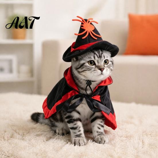 Festive Pet Cloak And Hat Set 1 Halloween Cat Witch Costume, Black Cape Wizard Hat, Moon Adjustable Star Pointed for Cats Small Medium