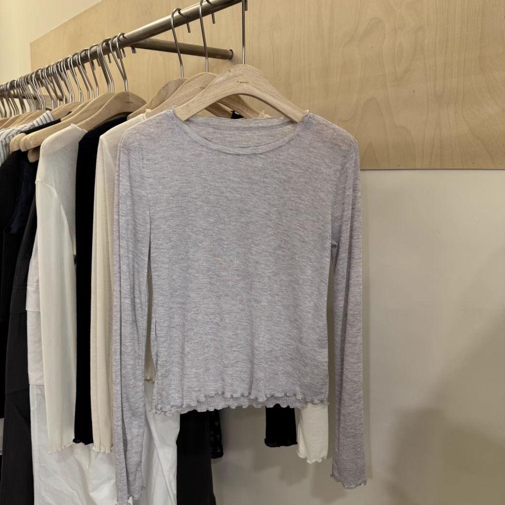 

Women s Slimming Lyocell Cotton Long Sleeve Lettuce Edge T-shirt Medium