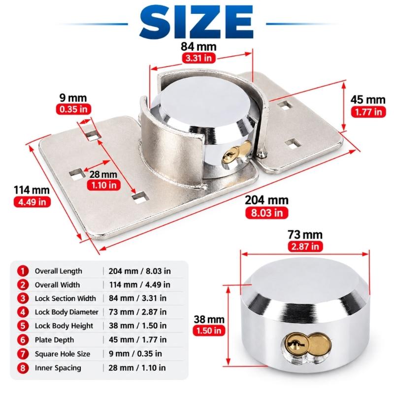 Round Lock Set with Enclosed Connection, Copper Body, Shrouded Mounting Hasp, and 2 Matching Keys for Garage Door and Toolbox Access
