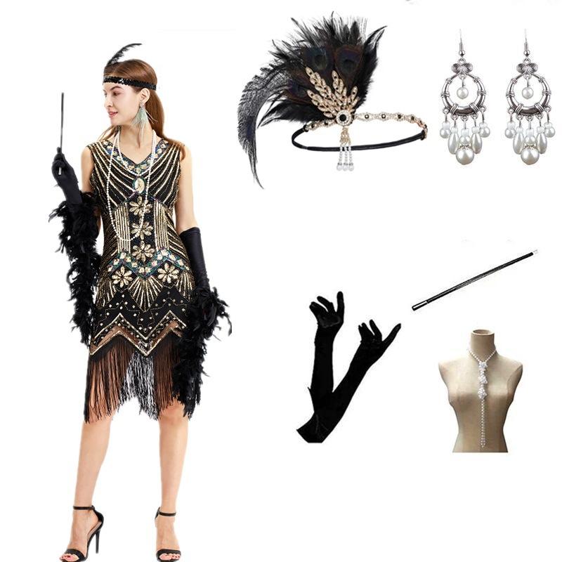 Large Size S-4XL Vintage Dress, Sequined Evening Dress Banquet 1920 Set