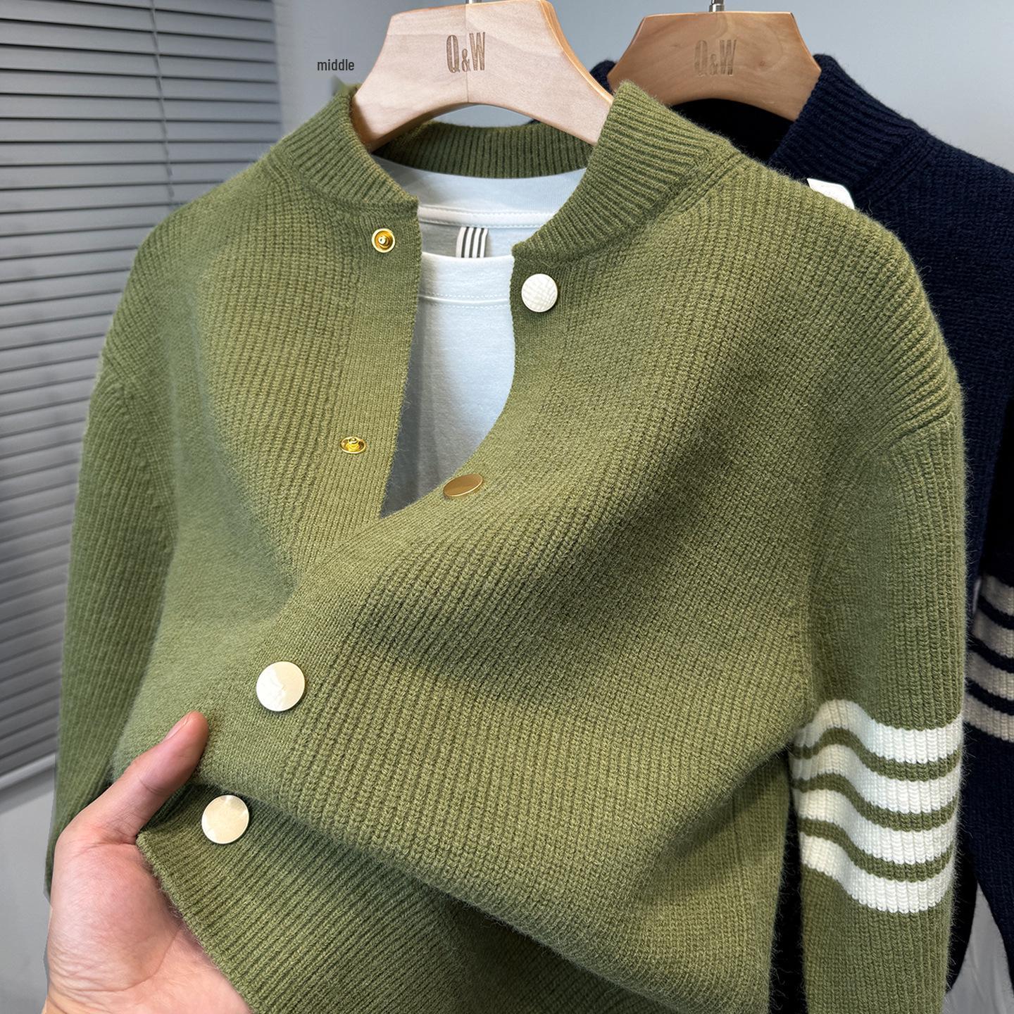 

2025 Men s Thickened Korean Style Baseball Collar Knit Cardigan - Autumn/Winter Trendy Casual Outerwear XXL зелений