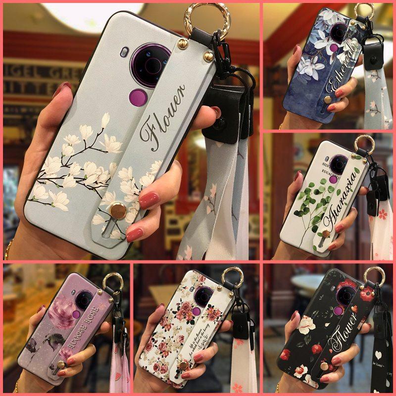 Back Cover Anti-dust Phone Case For Nokia 5.4 Wrist Strap Anti-knock Kickstand Shockproof Wristband Flower Phone Holder