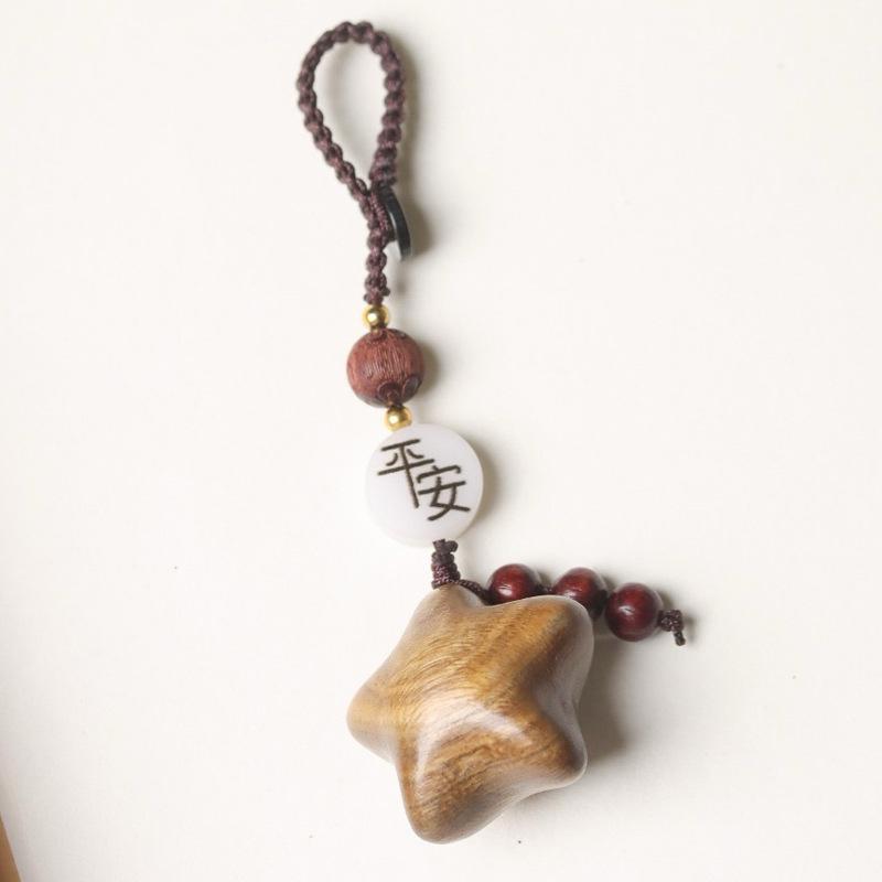 Handmade Green Sandalwood Woven Retro Keychain with Star & Moon Pendant