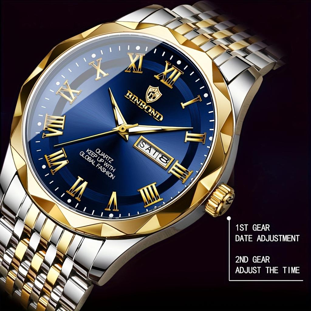 BINBOND Quartz Male Wristwatch Waterproof Luminous Date Week Watch for Men Stainless Steel Fashion Men's Watches Business Watch Casual Male Clock