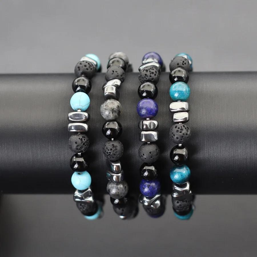 Natural Hematite Stone Beaded Bracelet Men Handmade Unfading Strand Braclet Jewelry Office Leisure Homme Accessories