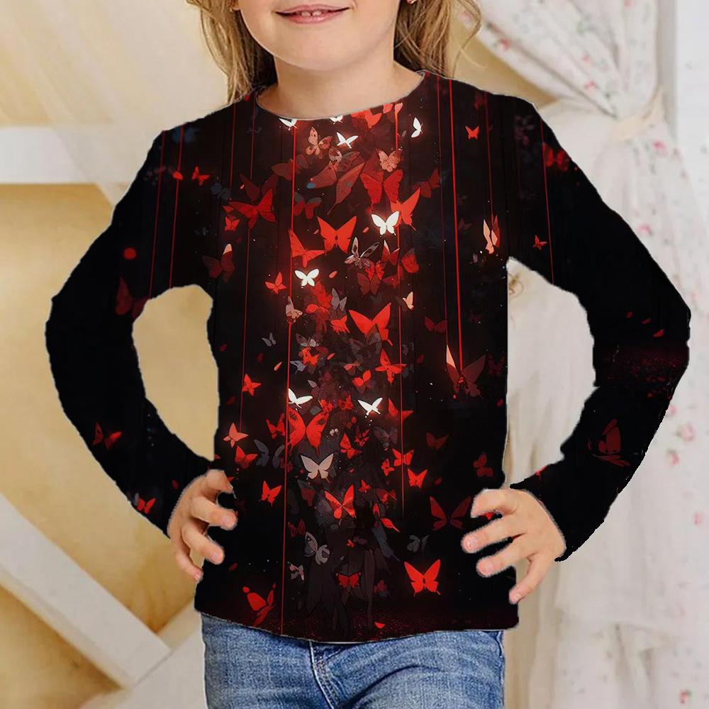Spring and Autumn Round Neck Butterfly Pattern 3D Printed Top Fashionable Casual Long Sleeved Children's Girl T-shirts