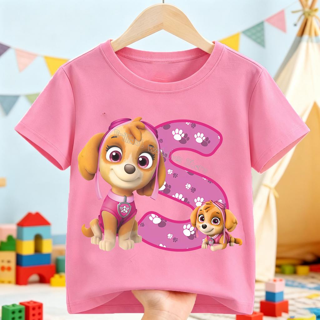 Paw Patrol Skye T-shirt for Children Cartoon A-Z Letter Tee Top Round Collar Clothing Girls Short Sleeve Kids Anime Clothes Gift