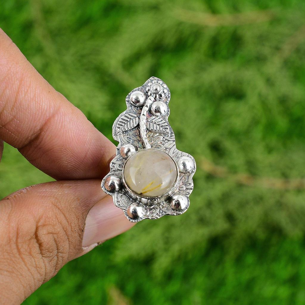 Natural Golden Rutile 925 Sterling Silver Flower Birthday Solitaire Ring Jewelry