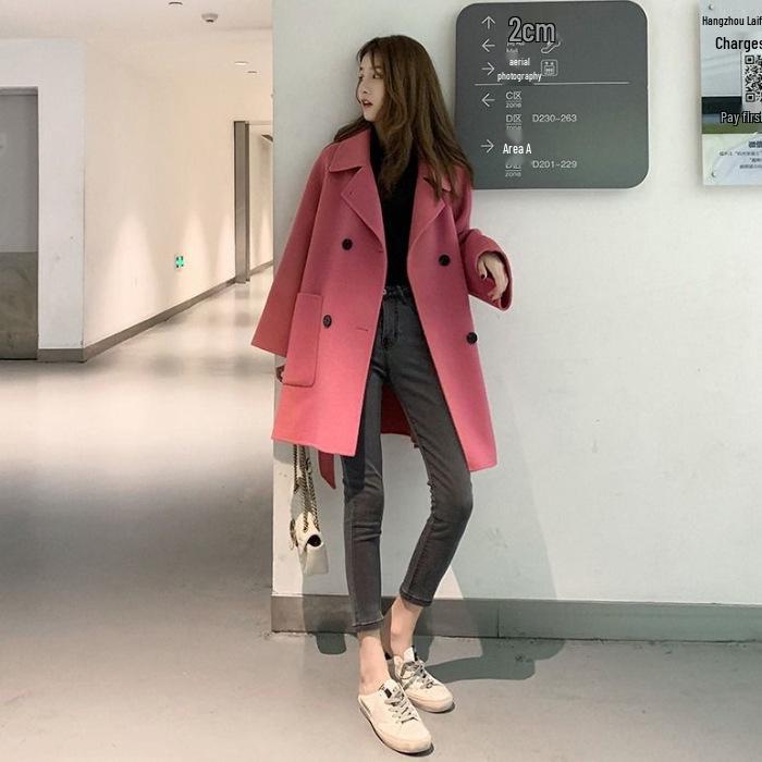 2026 Spring/Autumn Korean Style Mid-Length Loose Woolen Coat - Trendy Women s Fashion L розы красного