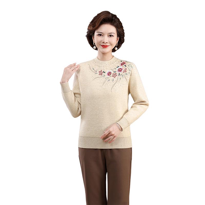 Mom's Velvet One-Piece Sweater for Women - Warm Embroidered Top for Middle-Aged & Elderly Women, Plus Velvet & Thickened for Autumn/Winter.