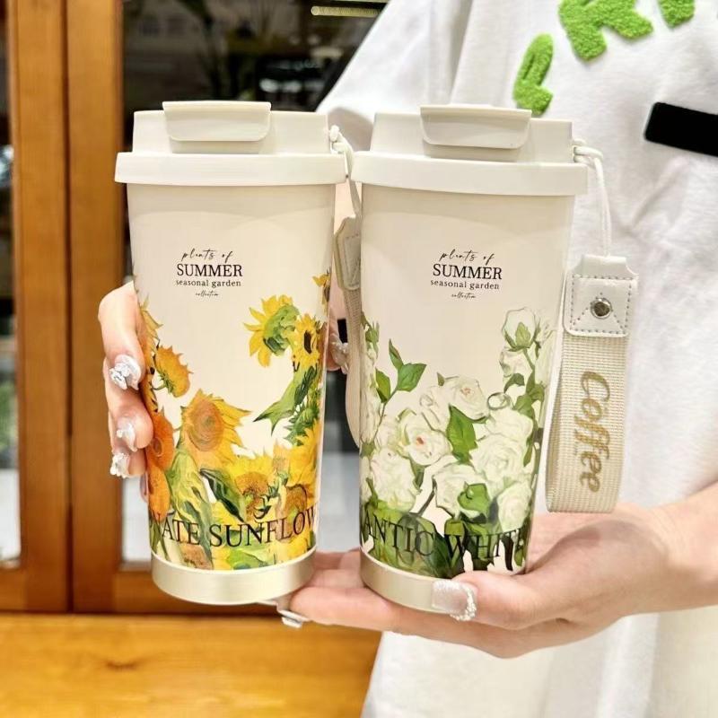Stainless Steel Thermos Mug 5D Printing Flower Portable Dual-Drink Insulated Coffee Cup for Camping Gift Daily Use