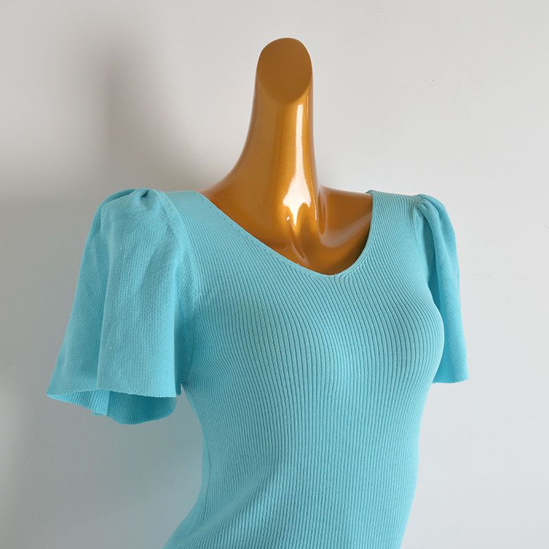 Cabinet V-neck Pleat Short sleeve Ice Silk Knit Women clothes Summer Pure Desire Wind Slim fit Slimming All-Match T-shirt Top