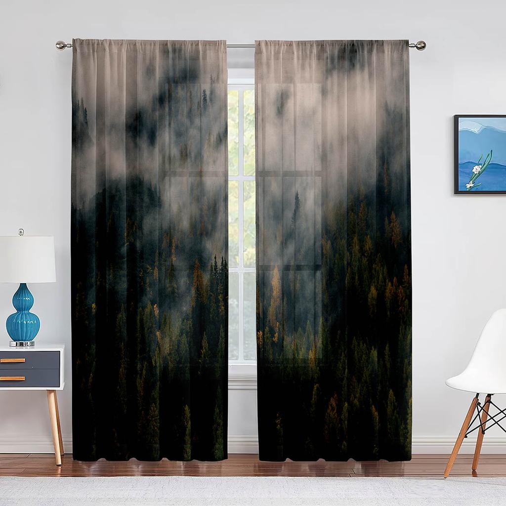Misty Forest Sheer Voile Curtain Foggy Scenic Green Nature Landscape Window Tulle Curtains for Bedroom Living Room Kitchen Decor