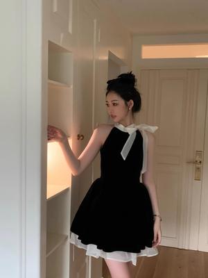 Petite Black Summer Halter Dress: High Waist, Sleeveless Bow, French Sweet & Spicy Style