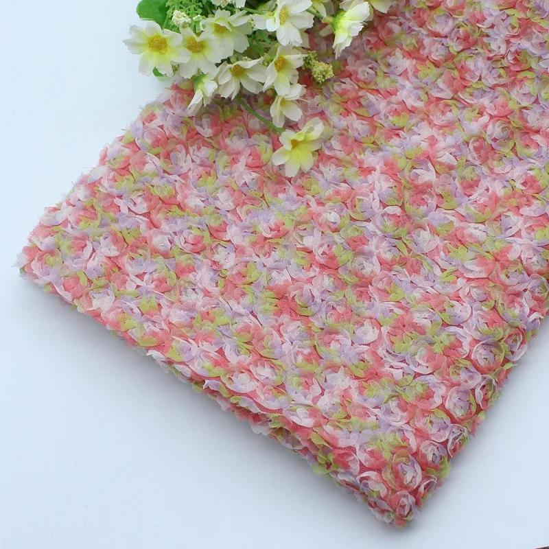 Encrypted Seven-Color Embroidered Silk Georgette Fabric Hollow Out Rose Peony Flower Wedding Dress Mesh Embroidery Material