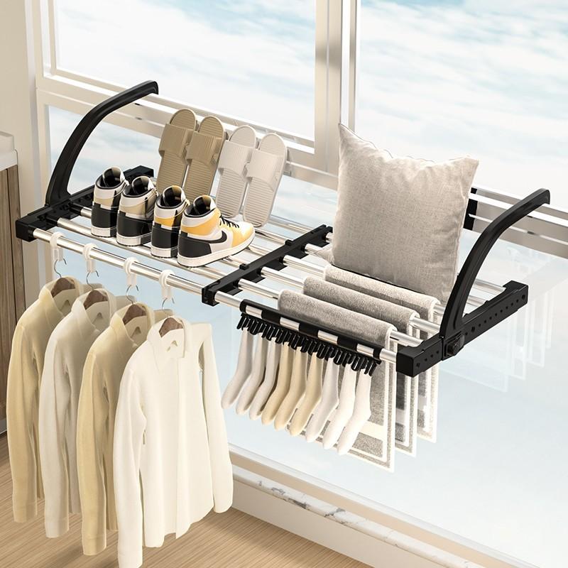 Multifunctional Extendable Clothes Drying Hanger Window Hanging Organizer Storage Rack Balcony For Airing  Towel Clothes Shoe