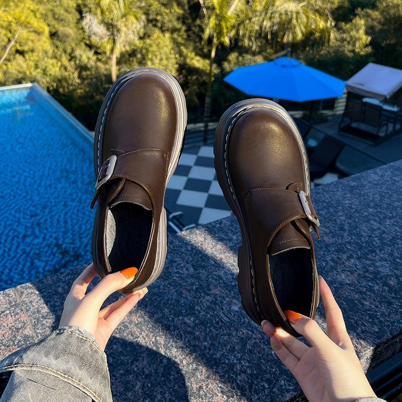 Buckle Martin boots women's platform women's new thick heel single knee versatile small leather shoes big head single shoes
