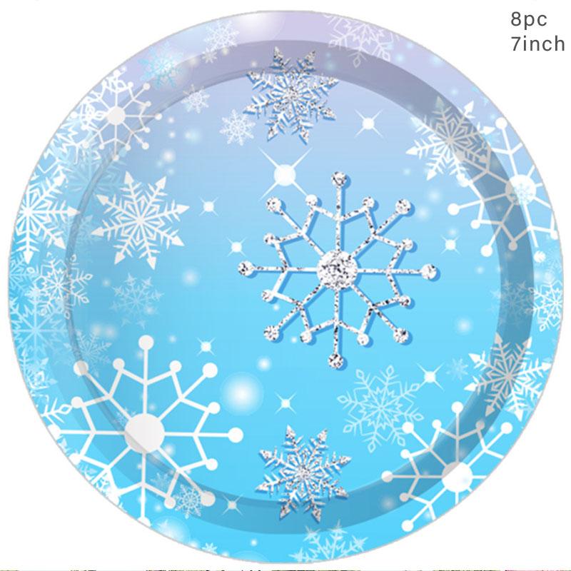 Blue Snowflake Disposable Tableware Blue Snow Plates Cups Napkins Merry Christmas Girls Happy Snow Theme Birthday Party Supplies