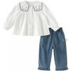 DAVE&BELLA Girls' School Style Shirt & Jeans Two-Piece Set