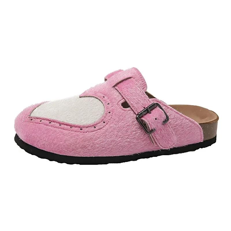 Fashion Cow Print Hairy Mule Clogs Woman Brogue Heart Design Slide Sandals Ladies Fashion Brand Thick Footbed Slipper Shoes Plus Size