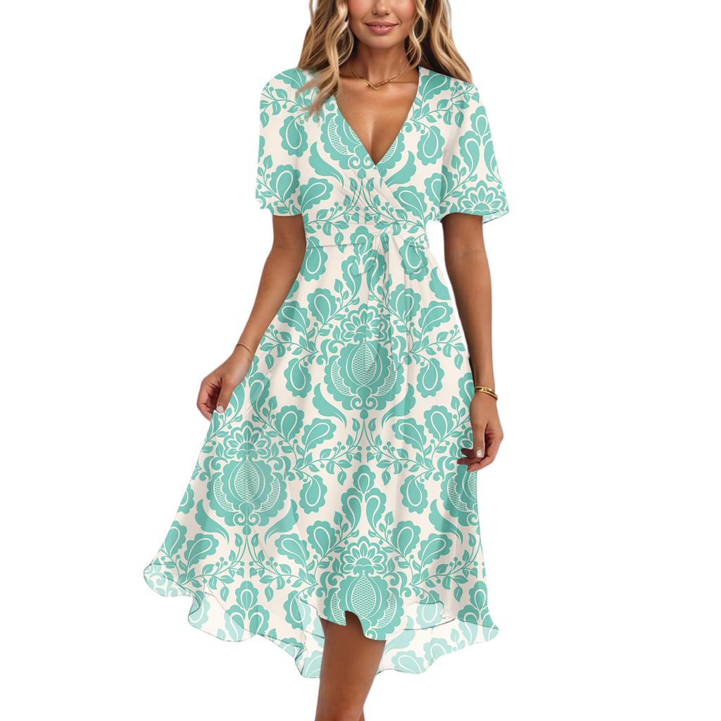 Damenmode Lässig V-Ausschnitt Kurzarm Rüschen Vintage Bedruckte Kleider