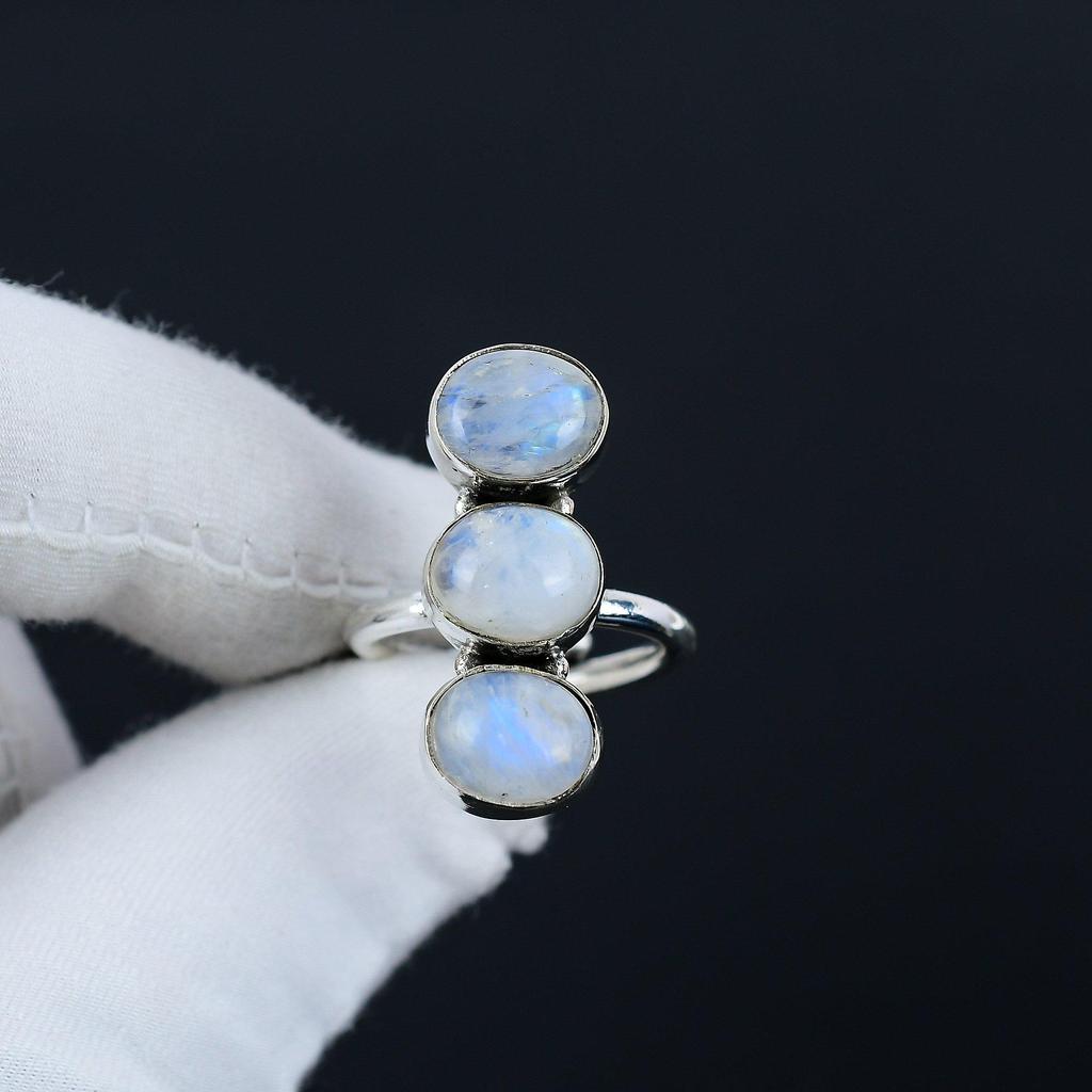 Natürlicher auffälliger Mondstein-Ring, verstellbar, 925er Sterlingsilber, passend für die US-Größen 6 bis 10, handgefertigter Boho-Schmuck für Damen und Herren, Valentinstagsgeschenke