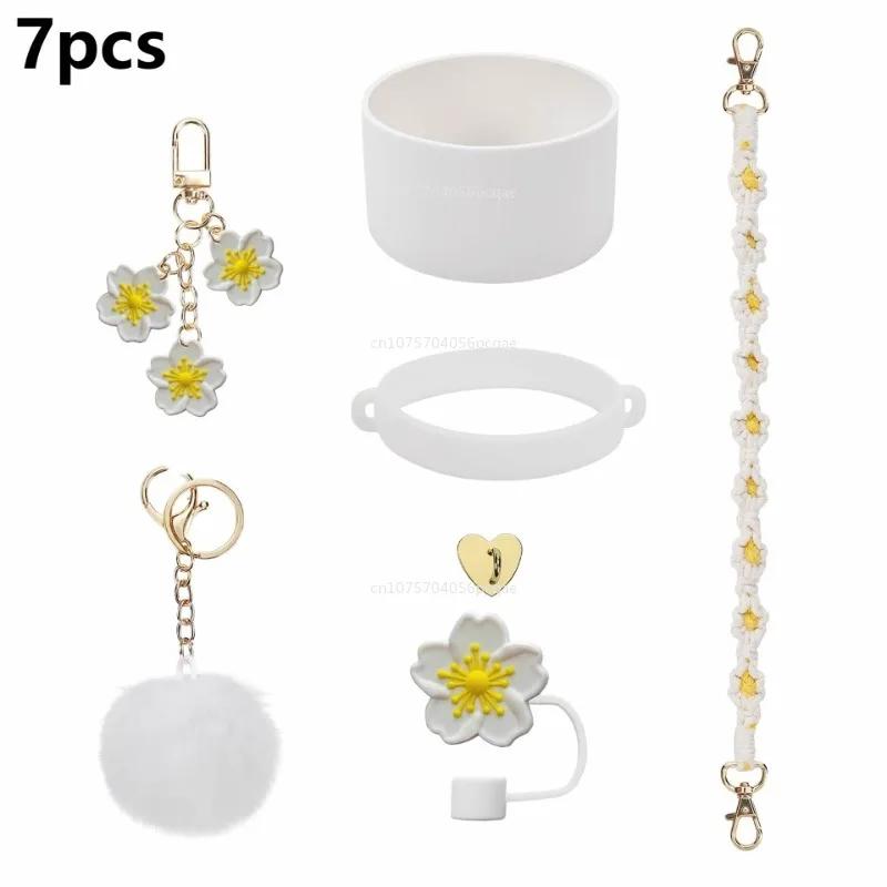7Pcs /1Set for Cup Including Flower Straw Cover Cap for Straws Pom Chain and Silicone Boot for Cup Accessories