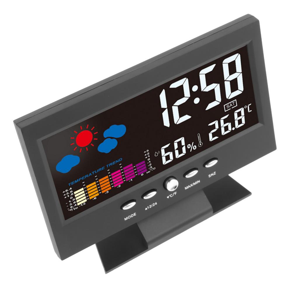 Electronic Alarm Clock Black Colorful Display Humidity Temperature Detect Sound Activated Alarm
