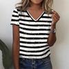 Stripe Pattern T-shirt for Women's Summer V-neck Short Sleeved Top, Holiday Casual T-shirt