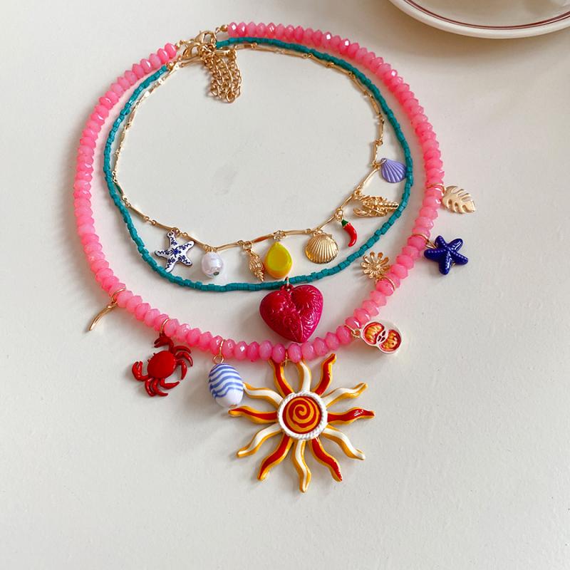 Vintage Sun Heart Conch Crab Pendant Necklaces for Women Candy Color Rice Beads Enamel Multi Layer Necklace Jewelry Gift