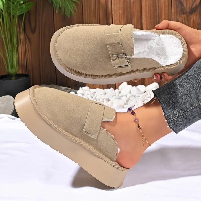 

Зимние высококачественные женские тапочки2025Новые однотонные женские туфли с полукруглым носком на толстой подошве из хлопка 35-42 больших размеров 35 покинуть белый