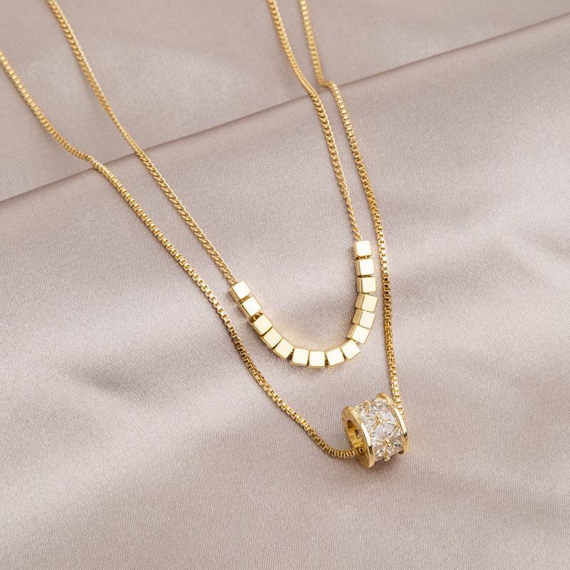 316L Stainless Steel New Fashion Fine Jewelry 2-Layer Cube Embed Zircon Beading Charm Chain Choker Necklaces Pendant For Women
