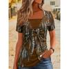 Elegant Square Neck Women's Short Sleeve T-Shirt Ethnic Leopard Print False Two-Piece Top Fashion Streetwear