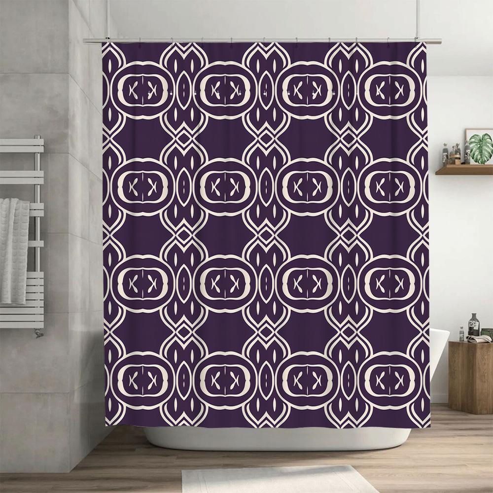 Purple White Geometric Shower Curtain Waterproof Bath Mat Decorative Bathroom Liner Home Decoration Size 69x72 inches (175x183cm