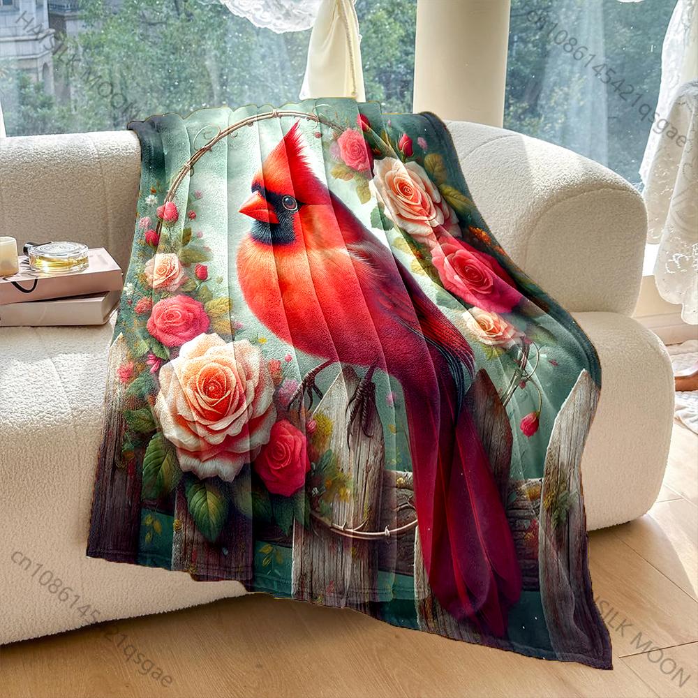 

Cardinal with Roses and Fence Pattern Blanket Flannel Material Soft Warm for All Seasons, Home Outdoor Camping Picnics RV 75x90cm