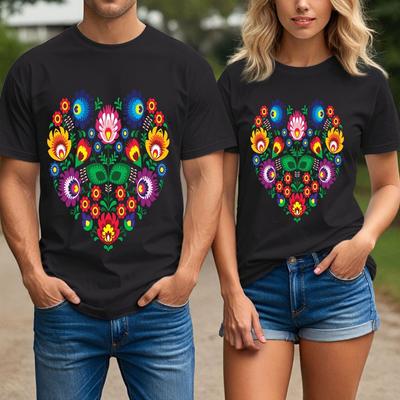Blumenherz Folk Art T-Shirt Unisex Buntes Boho Blumen Grafik T-Shirt Hippie Oberteil