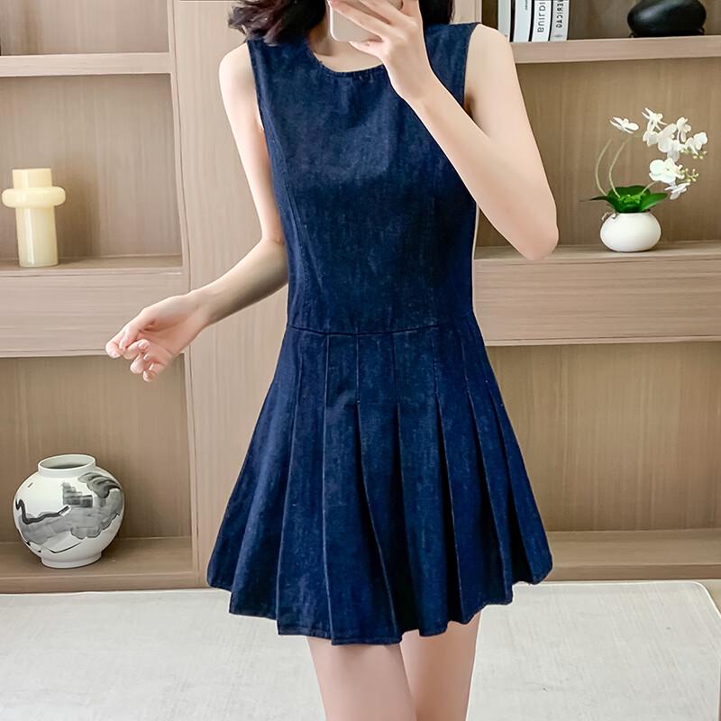 La Chapelle Slimming Sleeveless Denim Pleated Dress S