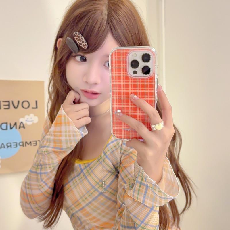 Korean Autumn/Winter Plaid Case for iPhone 17 Pro Max - Brown & Orange for Women