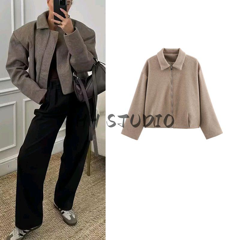 Spring New Women's Clothing Korean Style Loose Casual Minimalist Polo Collar Long Sleeves Soft Woolen Zipper Jacket Outwear