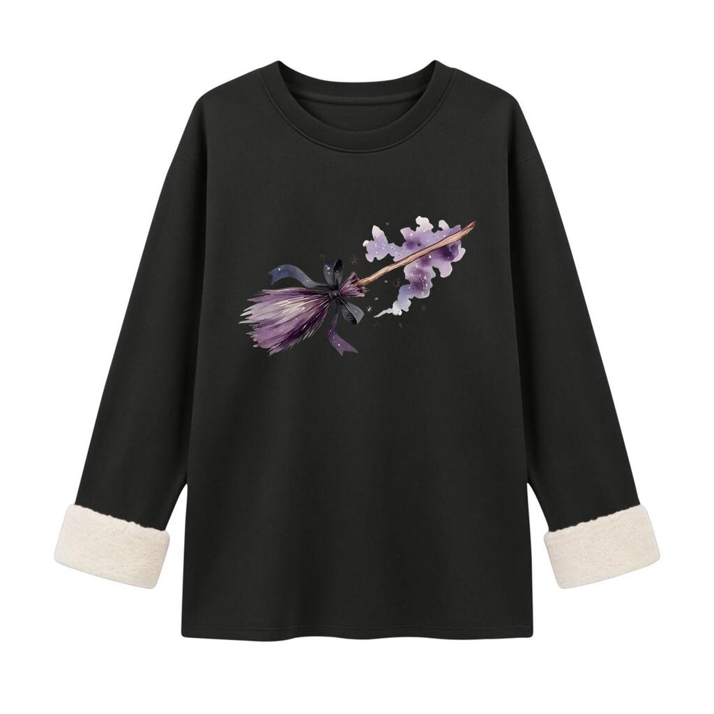 Women's Lined Long Sleeve Round Neck Halloween Print Tops for Winter Casual Wear