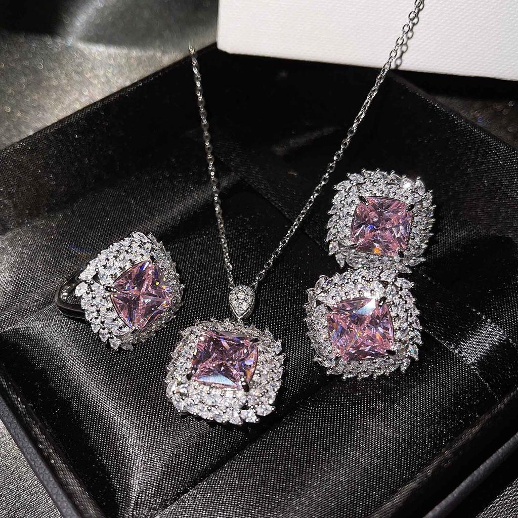Luxury Colored Treasure Set, Inlaid With Ascher Yellow Diamonds, Topa Blue, Argyle Pink Ring, Stud Earrings, Pendant For Women