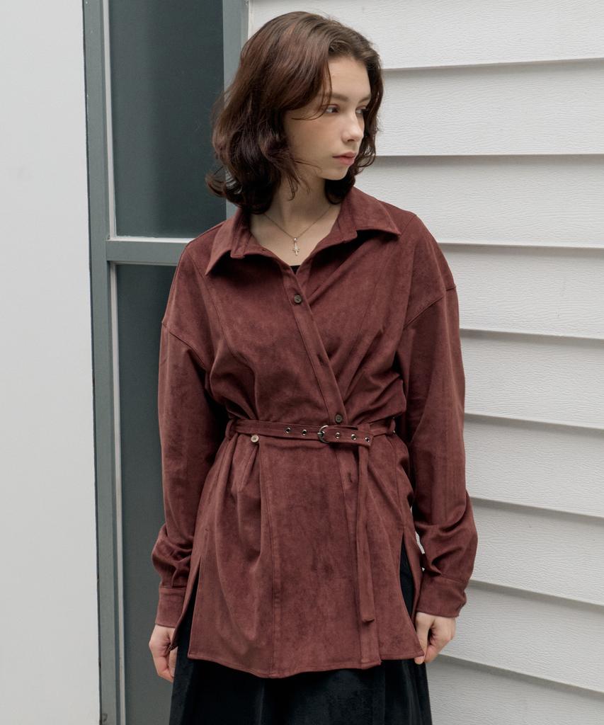 ITOV SEOUL Suede Belted Shirt Jacket Brown