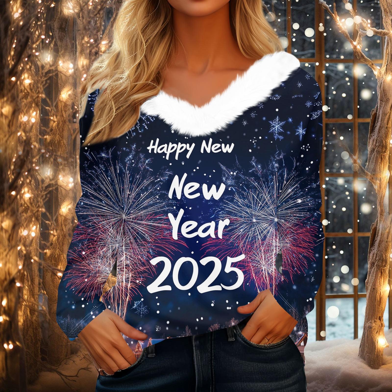 

Женская рождественская рубашка с длинным рукавом и принтом V-образным вырезом, повседневная свободная футболка, топы L