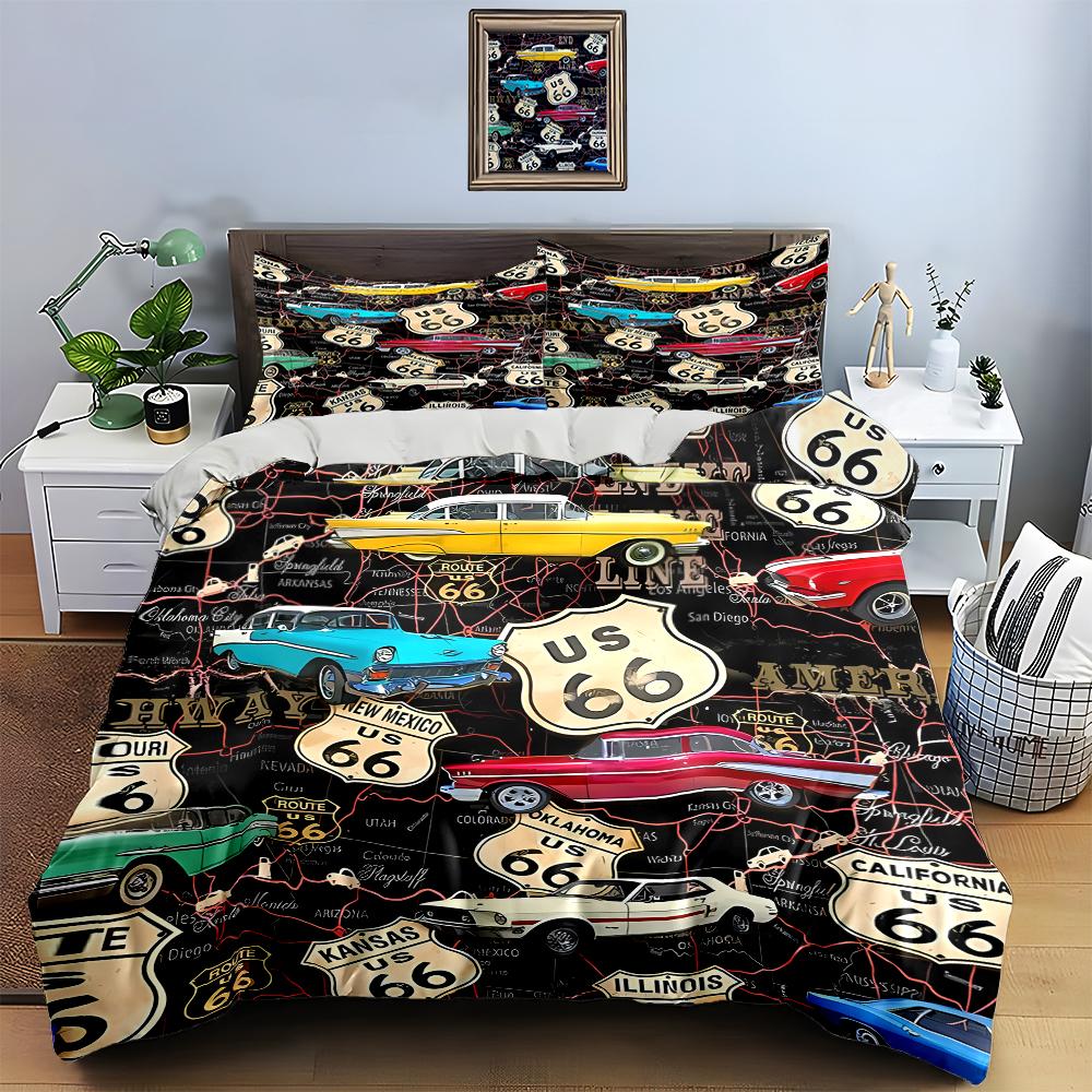 Classic Cars, Route 66 Bedding, Duvet Cover Sets, Duvet Covers, Pillowcases, Birthday Gifts (1 * Duvet Cover 2 * Pillowcases, Without Duvet Insert)
