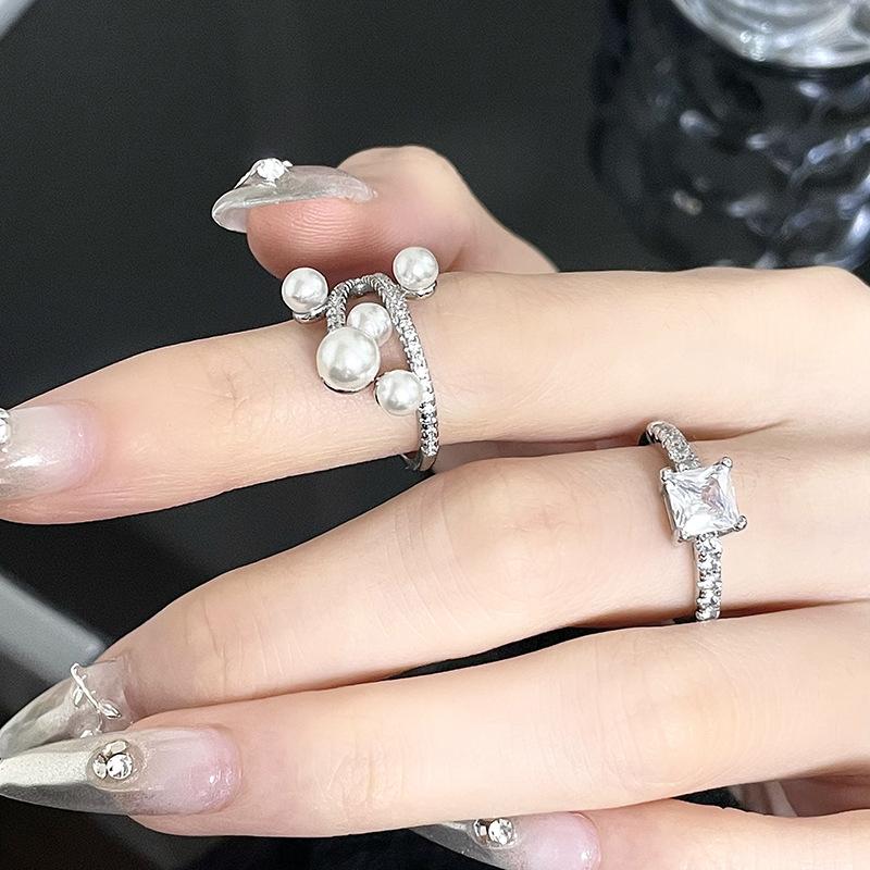 Square Full Of Diamonds Zircon Simple And Fashionable French Niche Design Sense Light Luxury High Sense Open Ring Women