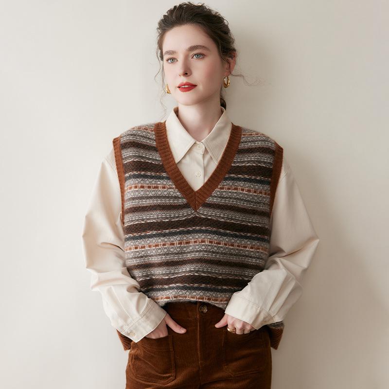 Women's Retro Color Block Cashmere Vest - 2025 Spring/Autumn V-Neck Sleeveless Knit Pullover