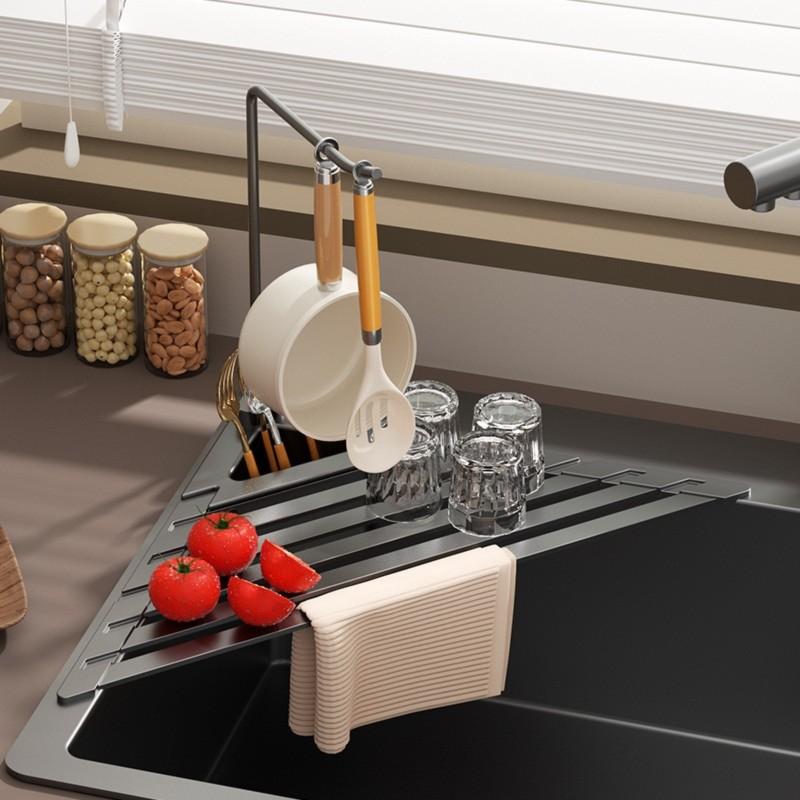 A03F-Aluminum Alloy Kitchen Sink Drainer Drain Basket Foldable Dish Rack Multi-Function Triangle Design
