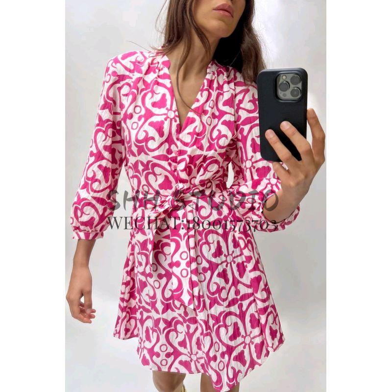 Spring New French style Sweet Holiday Style V-neck Long sleeve With Belt Print Short Dress 3238767