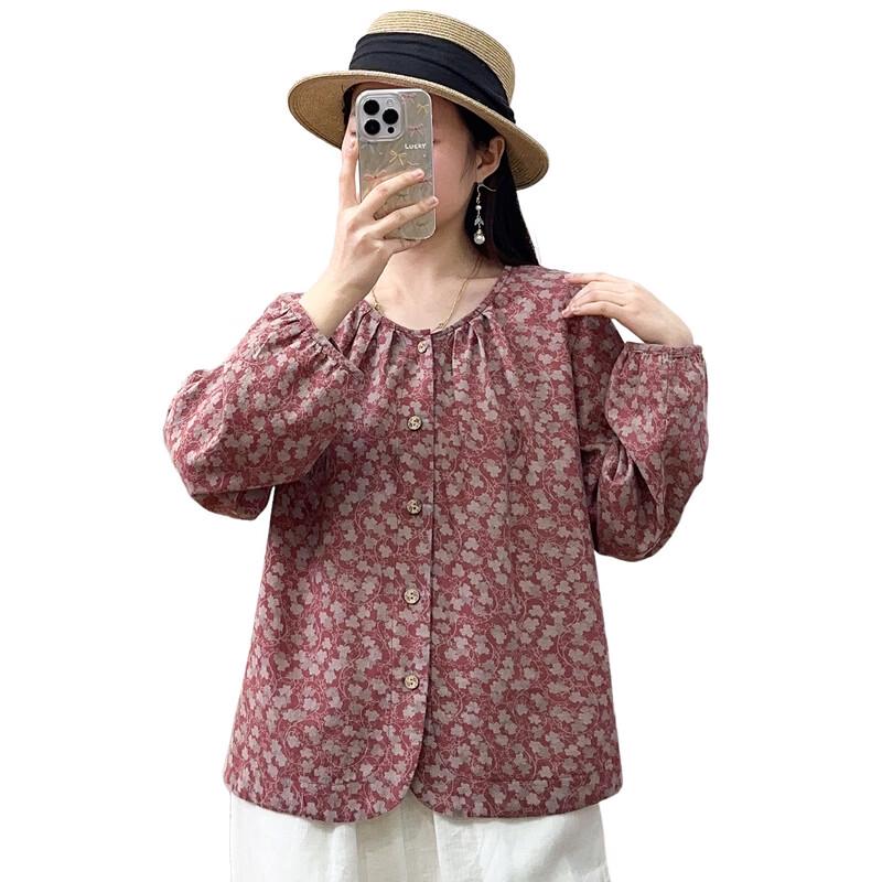Women's Floral Puff Sleeve Round Neck Blouse